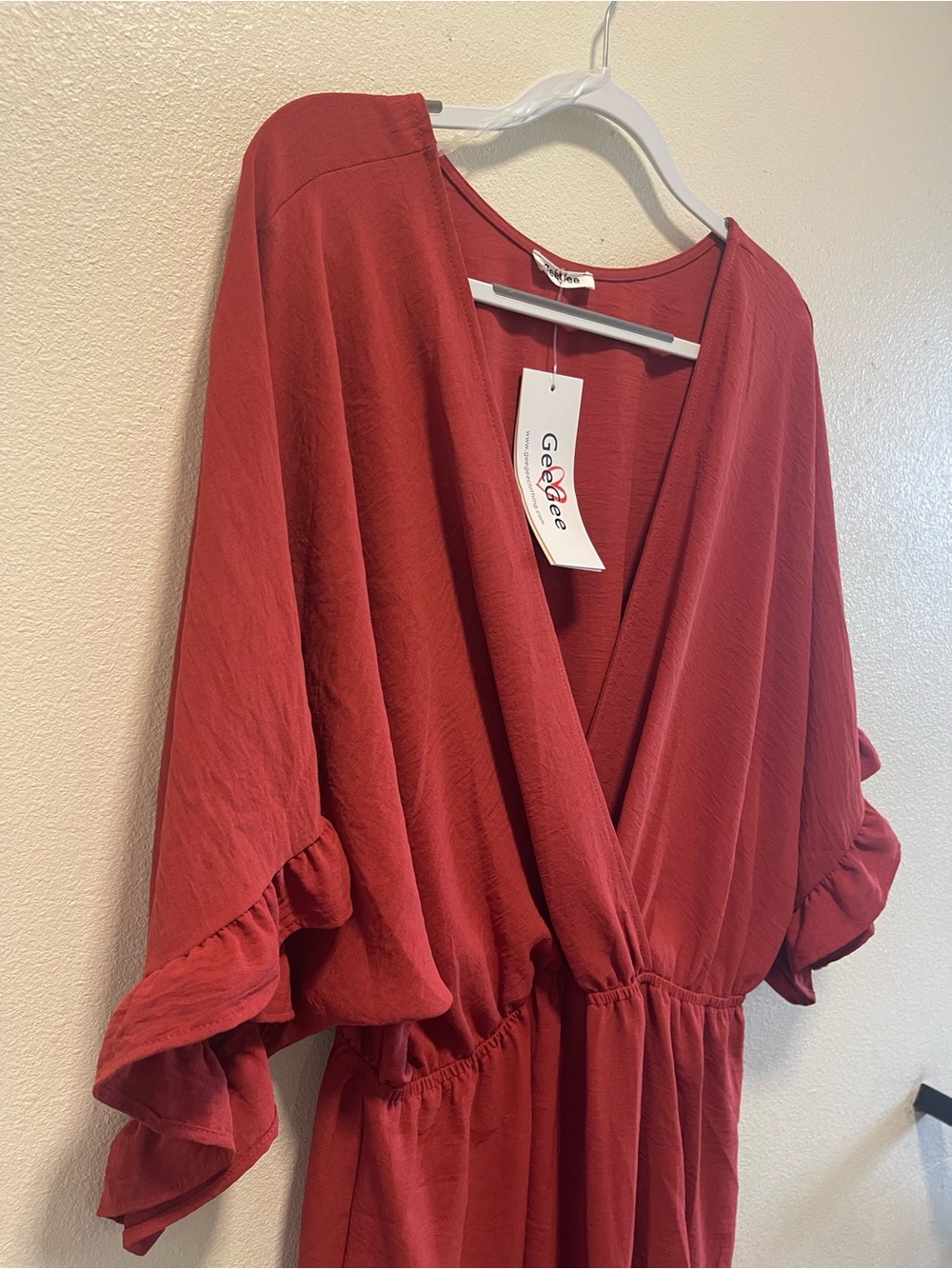 GeeJee Rust Red V-Neck Ruffle-Sleeve Tunic - Picture 4 of 5